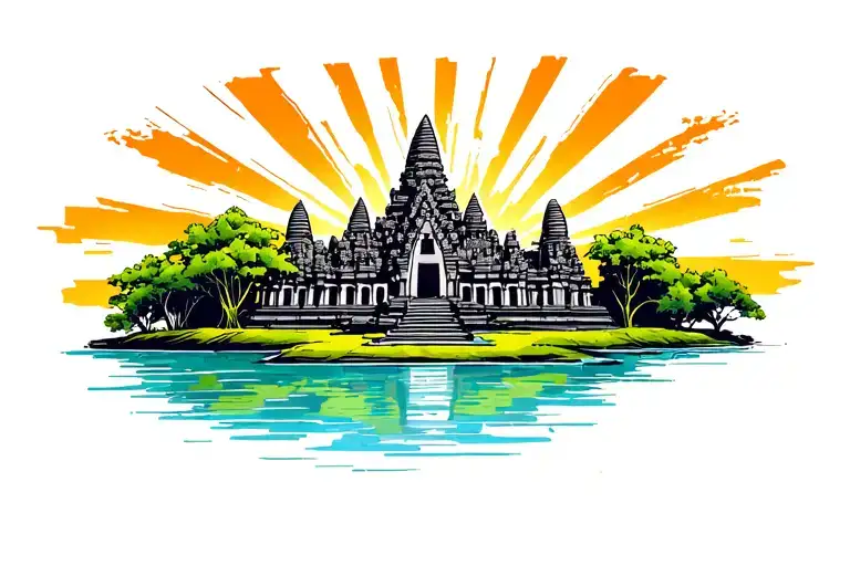 Angkor Wat Temple, sun setting at the side with rays, water and foliage tattoo design idea