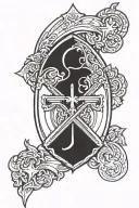 round front facing spartan shield  in blue and black adorned with a cross and written peacemaker Matthew 5:9 tattoo design idea