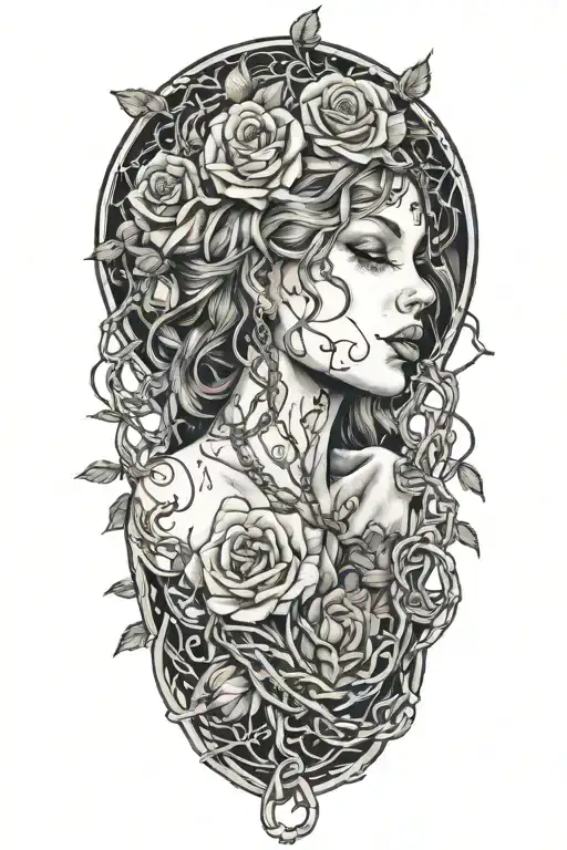 Naked girl, intertwined roots growing from chains on wrist, roses with sharp vines tattoo design idea