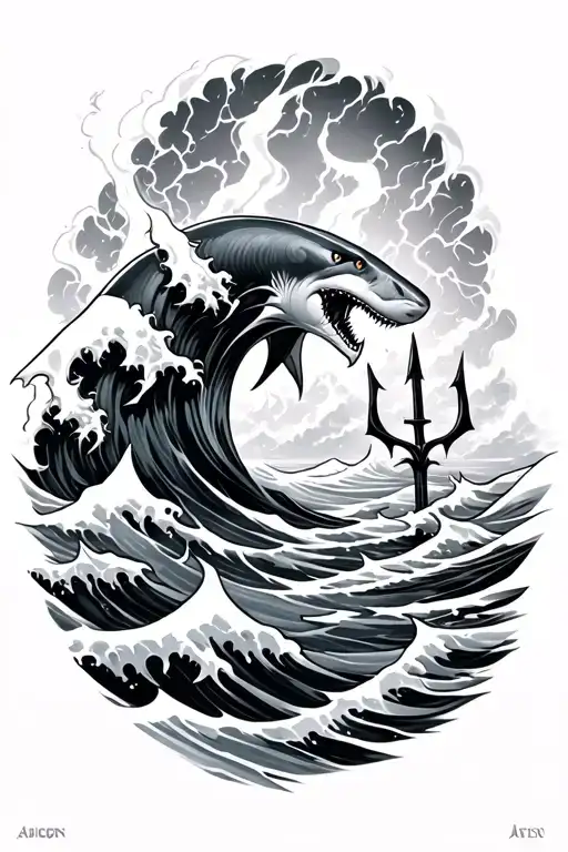 Ocean Wave, Storm, Sharks, Trident, Lightning Bolt, Poseiden tattoo design idea