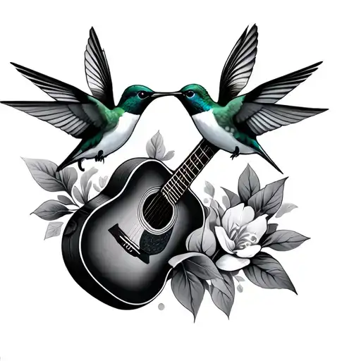 two hummingbirds and a martin acoustic guitar tattoo design idea