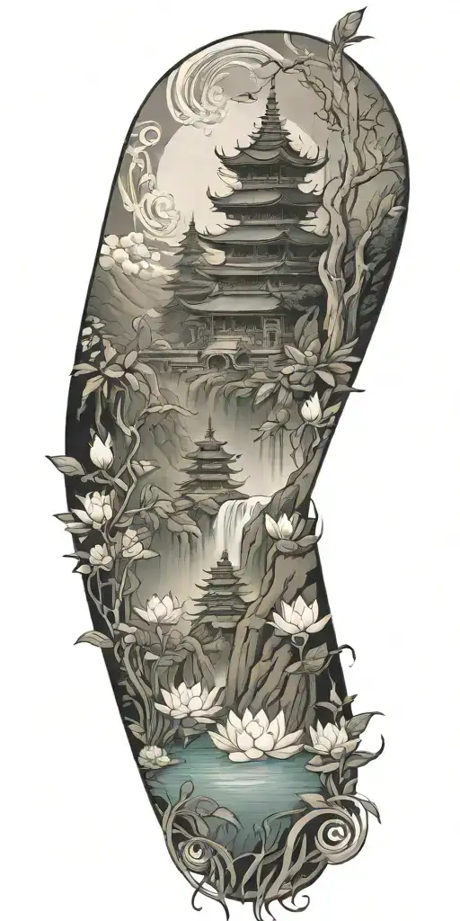 buddhist inpired tattoo focusing on scenary of nature, temples, water, and with lotus, koi, bamboo, and budda tattoo design idea