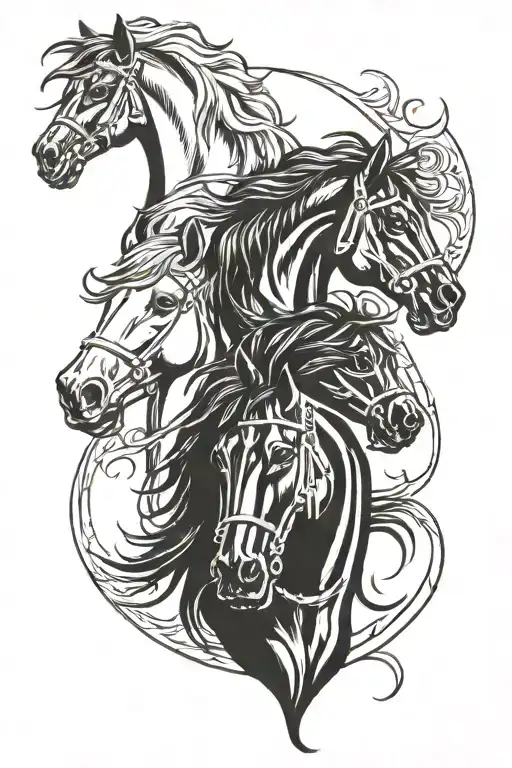 Three horse heads all facing one diretion in a horseshoe tattoo design idea