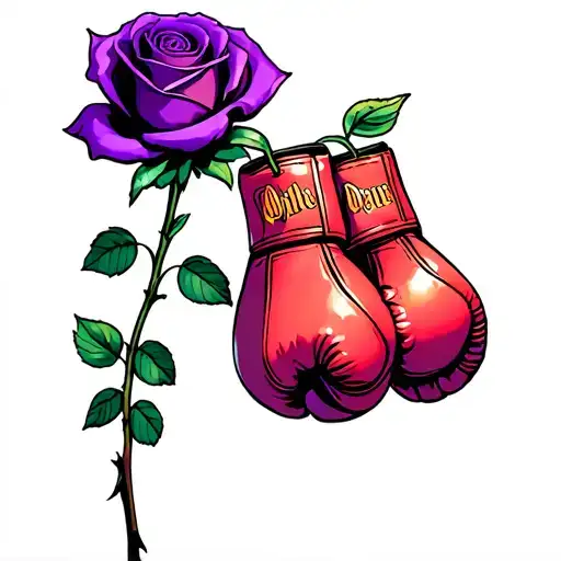 Purple rose with long stem and a pair of boxing gloves hanging from a thorn. tattoo design idea