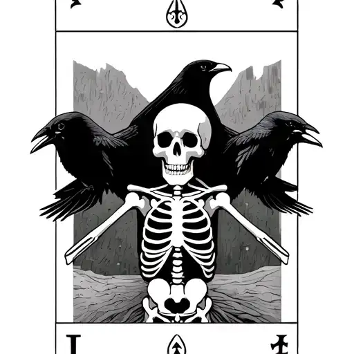 The reverse hanged skeleton from tarot card, with 2 raven in the background.  tattoo design idea