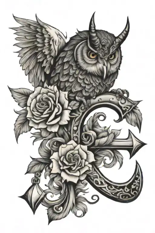 capricorn zodiac with flower with owl face tattoo and anchor  tattoo design idea