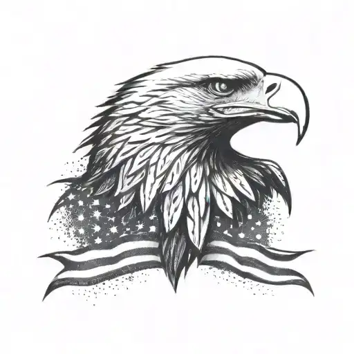 Bald eagle with american flag in the background black tattoo design idea