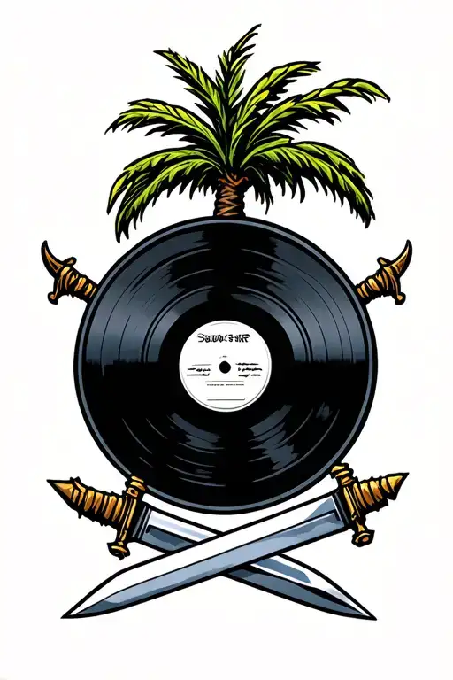 saudi  palm tree and 2 sword  blade up hilt down symbol and vinyl record tattoo design idea