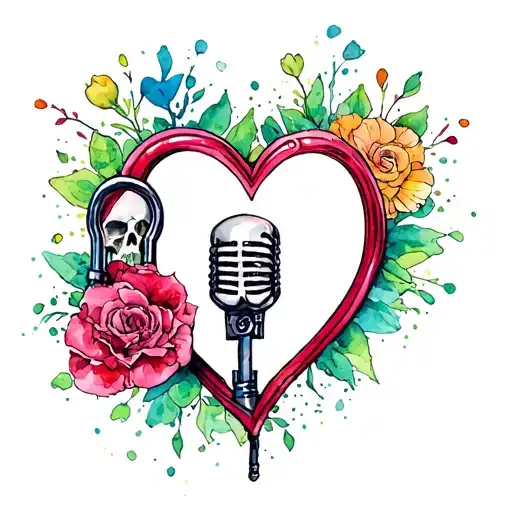 "14.06.2009" Mexican skull rockabilly microphone heart shaped lock tattoo design idea