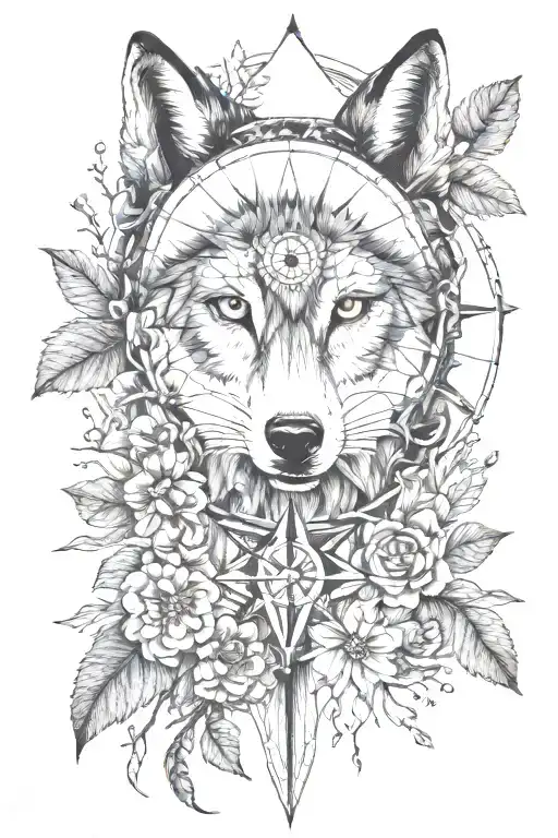 wolf, woods, owl, nautical compass rose blooming tattoo design idea