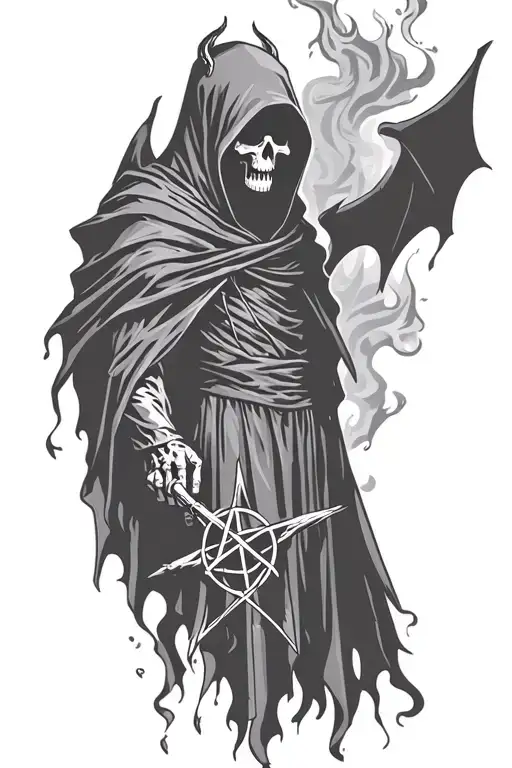 hooded reaper silohuette, smoke, fire, scary, bat wings pentagram devil horn tattoo design idea
