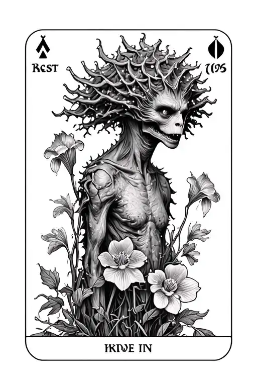 stranger things tarot card black and white with a demogorgon, vines, iris and hellebore flowers, Christmas lights tattoo design idea