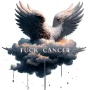 "Fuck Cancer" hyperrealistic short cute charub floating through a big storm clouds tattoo design idea
