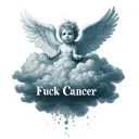 "Fuck Cancer" hyperrealistic short cute charub floating through a big storm clouds tattoo design idea