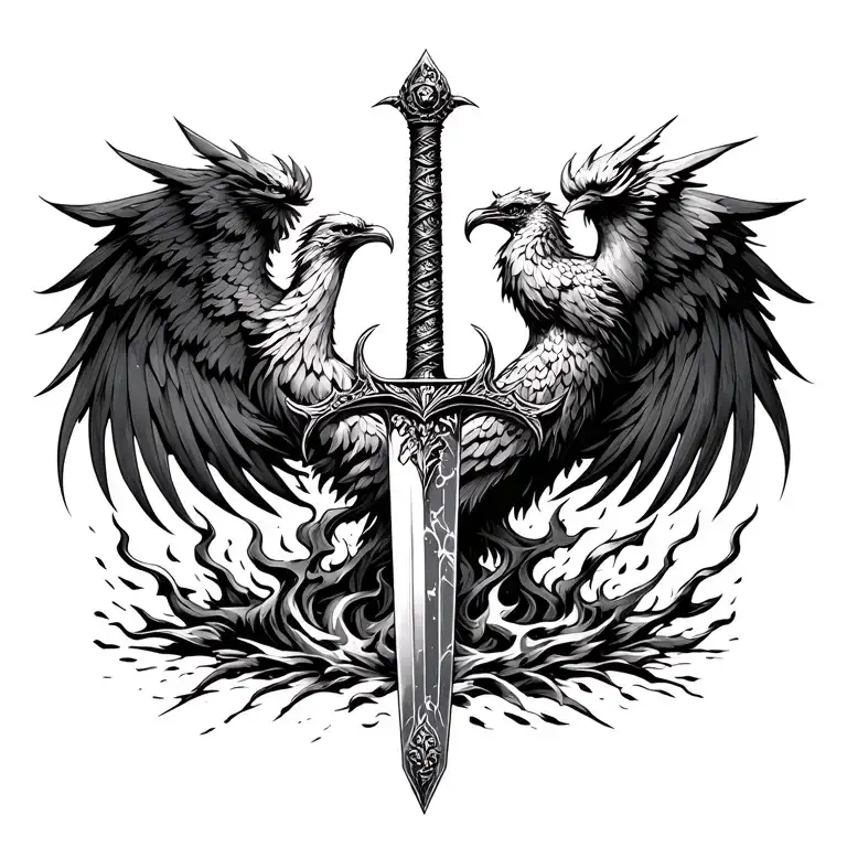 Excalibur sword and phoenix rising from the ashes tattoo design idea