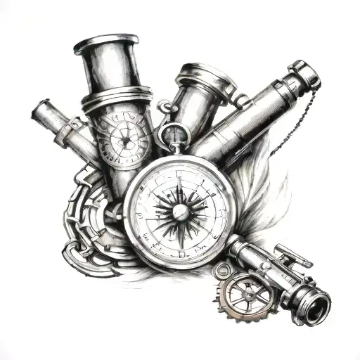 compass and binoculars and sextant tattoo design idea