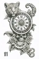 leopard roulette wheel skulls flowers and number 11 tattoo design idea