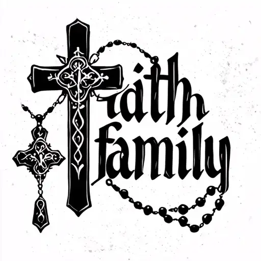"Faith family" simple cross with rosary beads tattoo design idea