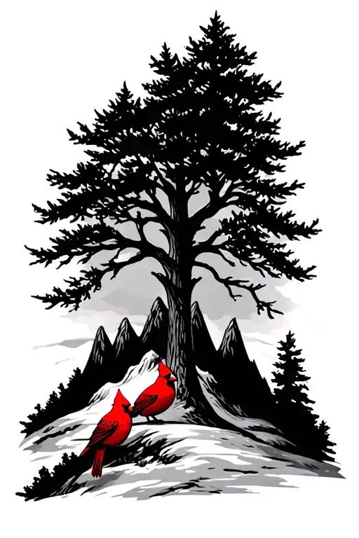 trees and mountains with two cardinals sitting tattoo design idea