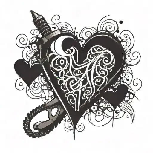 A broken heart made of musical notes intertwined with hair styling tools tattoo design idea