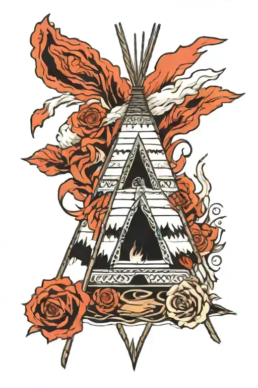 teepee, wild west, fire, rose tattoo design idea