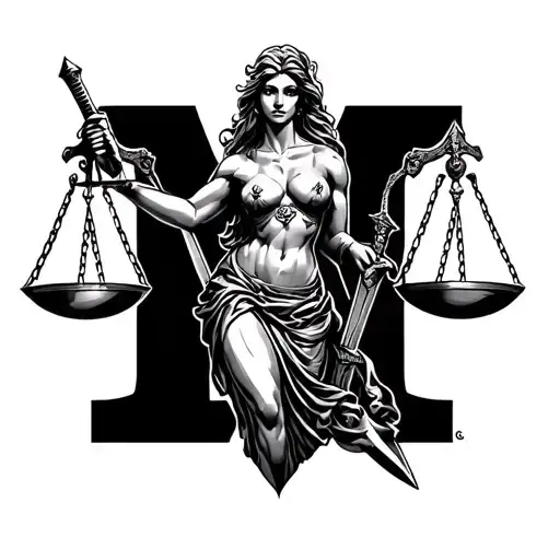 "Tattoo sleeve design featuring Lady Justice holding scales and sword, a large stylized 'M' inspired by Metallica logo,  tattoo design idea