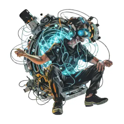 A traveler sitting cross-legged, floating in the infinite space of his mind, wearing a modern headset with dark metallic colors. His body is surrounded by a luminous aura in shades of electric. Pulsating waves of energy emanate from the headset, creating abstract and fluid shapes around him, like visual echoes of the music he is listening to. In the background, mental landscapes take shape: a sea of stars, suspended mountains, and glowing fragments of memories floating in the air. The atmosphere is futuristic, immersive, and introspective, evoking an inner journey through music and thoughts tattoo design idea