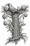 shards of narsil but the hilt becomes tree of Gondor. 3 birds are in the tree. splinters of the sword become RPG dice tattoo design idea