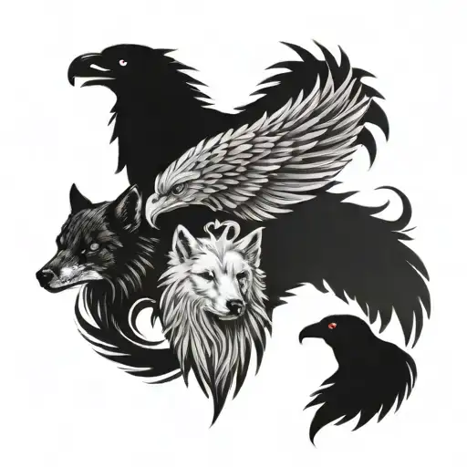 A tattoo design featuring all four of your favorite mythical creatures (wolf, phoenix, raven, and griffin) intertwined to represent your children, each creature symbolizing a different aspect of their personalities or traits tattoo design idea
