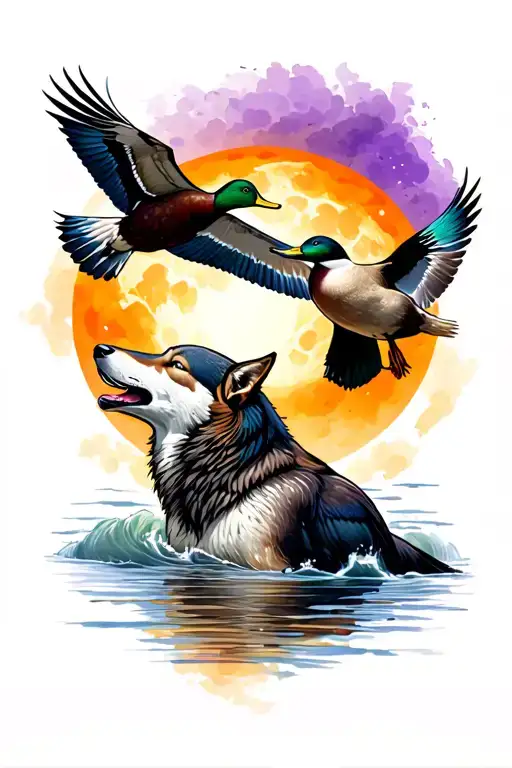 Timberwolf howling at the moon with a Mallard duck flying into an purple, orange, and yellow sunset tattoo design idea