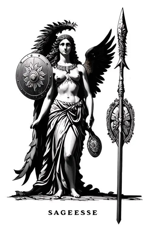 "Sagesse" Athena goddess stands up with antic greek shield and antic spear. her face is peaceful. hawk with her tattoo design idea