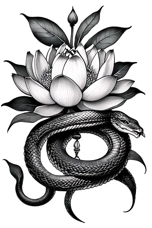 Libra, twine snake, and lotus flower blooming tattoo design idea