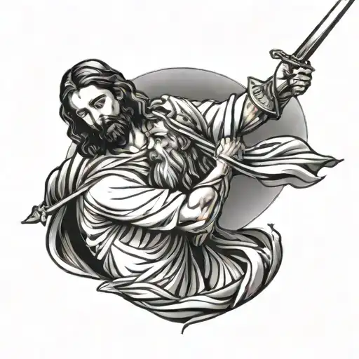 Jesus Christ handing a man a sword tattoo design idea