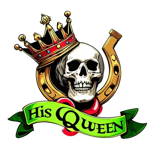 "His Queen " skull, horseshoe, crown, candy red , lime green, banner  tattoo design idea