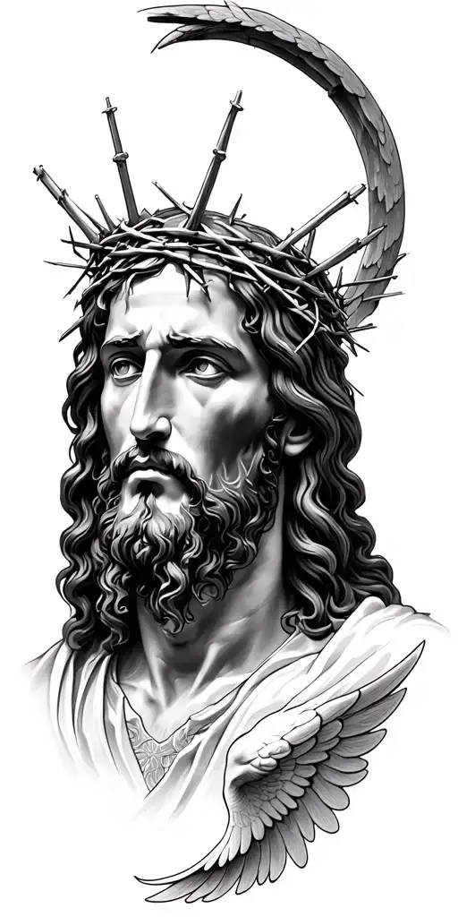 black and grey realism of jesus' head wearing the crown of thorns and arc angel michael under him. Make it a full sleeve tattoo design idea