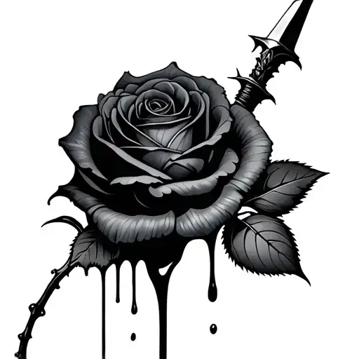 black rose with a dagger stem dripping blood tattoo design idea