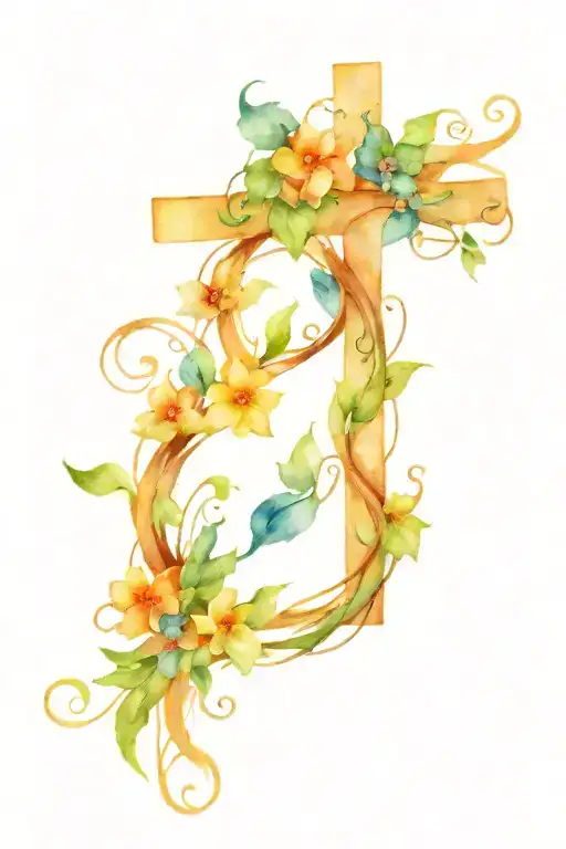 cross with vines wrapped with flowers growing tattoo design idea