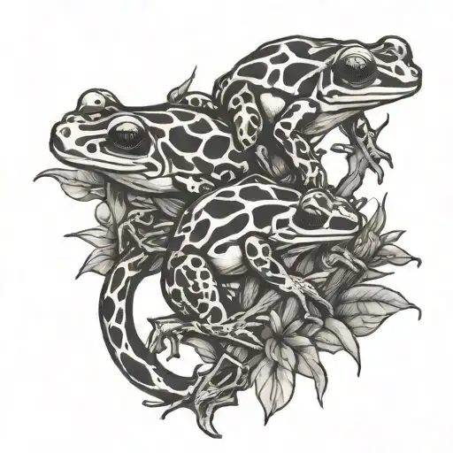 3 poison dart frogs climbing on vines with thorns  tattoo design idea