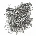 3 poison dart frogs climbing on vines with thorns  tattoo design idea