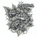 3 poison dart frogs climbing on vines with thorns  tattoo design idea