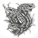 3 poison dart frogs climbing on vines with thorns  tattoo design idea