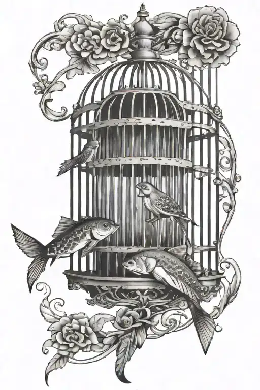 bird cage fish behind bars tattoo design idea