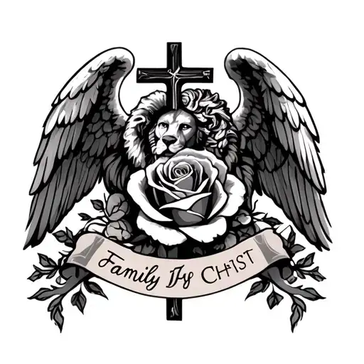 full sleeve arm tattoo combining angels with an english rose with family first text in the middle, lion, christ cross tattoo design idea