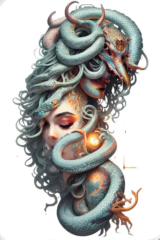 medusa goddess with oni mask, snakes hair tattoo design idea