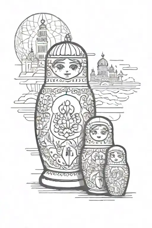 Russian nesting doll in foreground with Moscow dome buildings in background tattoo design idea