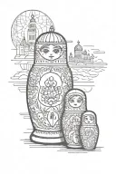 Russian nesting doll in foreground with Moscow dome buildings in background tattoo design idea