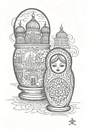 Russian nesting doll in foreground with Moscow dome buildings in background tattoo design idea