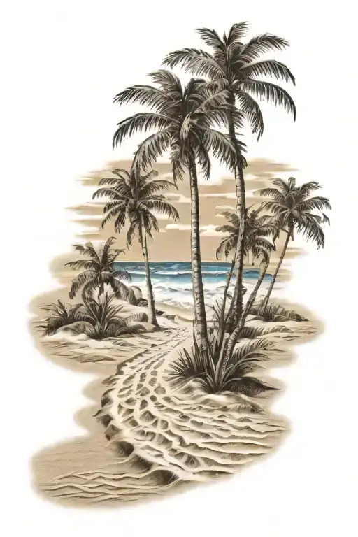 3 footsteps in the sand on a beach with canary palm trees  tattoo design idea
