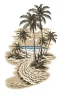 3 footsteps in the sand on a beach with canary palm trees  tattoo design idea