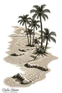 3 footsteps in the sand on a beach with canary palm trees  tattoo design idea
